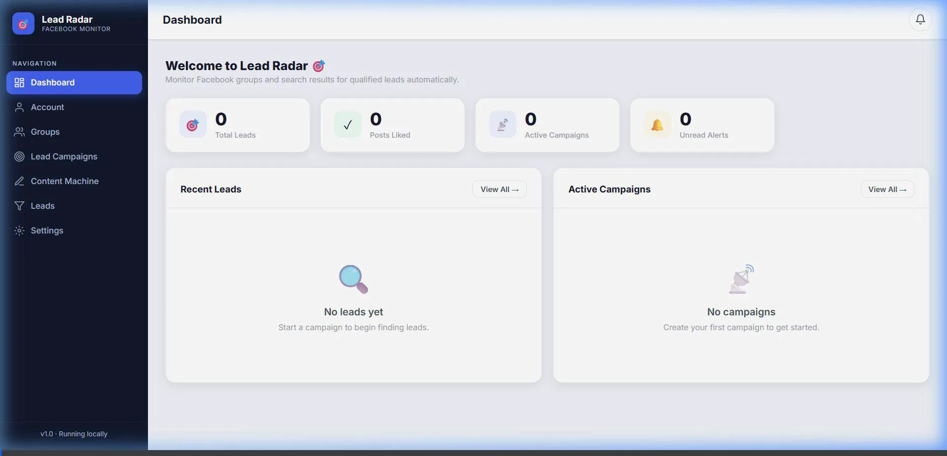 FB Lead Radar dashboard in action — live campaign scanning, AI lead qualification, and inbox alerts